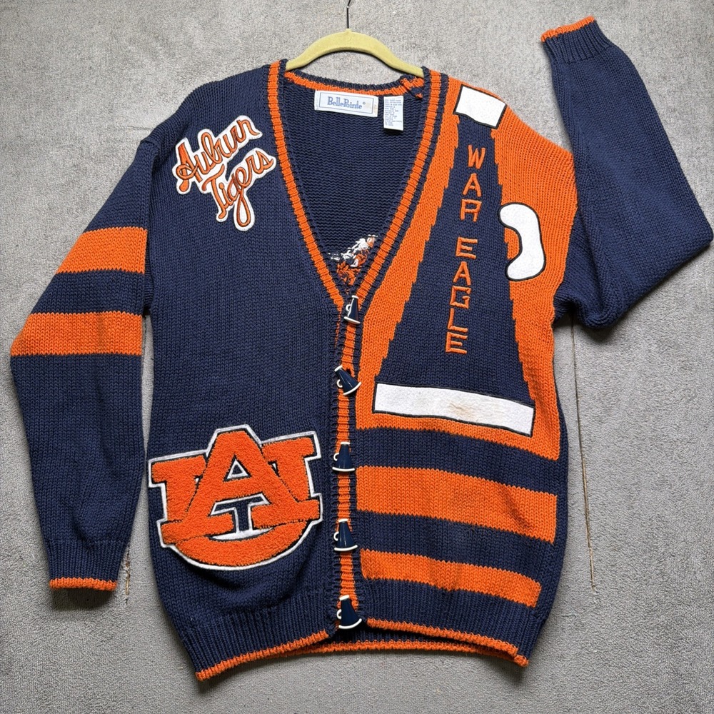 Auburn Tigers vintage knit cardigan sweater blue orange front back logo medium
